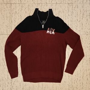 Armani Exchange Waffle Knit Embroidered Logo 1/4 Zip Sweater Red, Black & White
